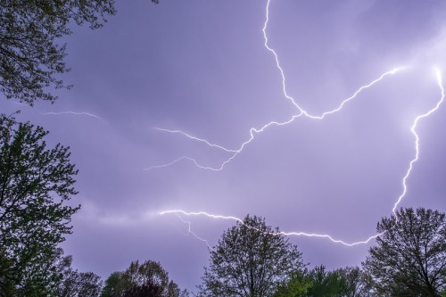 A dramatic sky filled with bright lightning bolts amidst dark, stormy clouds and silhouetted trees.