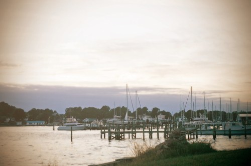 A serene marina at sunset, featuring boats docked and calm waters under a soft, cloudy sky.
