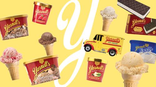 Colorful display of Yarnell's ice cream products, including tubs, cones, and a toy ice cream truck on a yellow background.