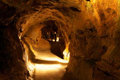 A dimly lit cave tunnel with rocky walls and a smooth path, illuminated by soft light.