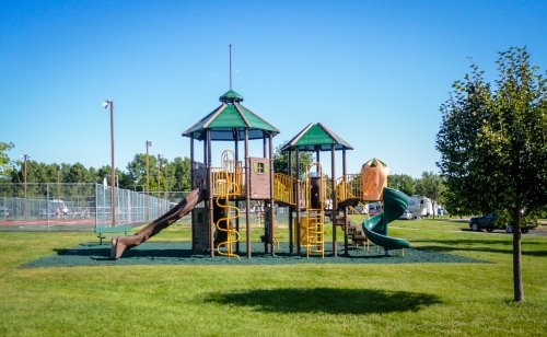 Colorful playground with slides and climbing structures, surrounded by green grass and trees under a clear blue sky.