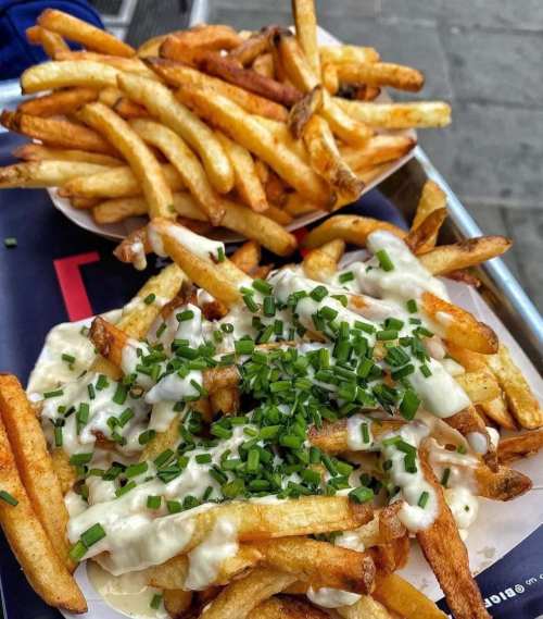 A plate of golden French fries topped with creamy sauce and chopped chives, alongside a pile of plain fries.