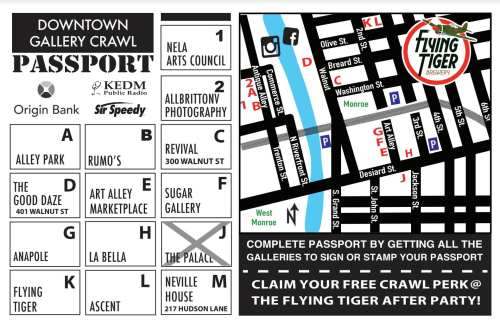 Map of the Downtown Gallery Crawl with locations, passport details, and instructions for claiming a free perk at Flying Tiger.
