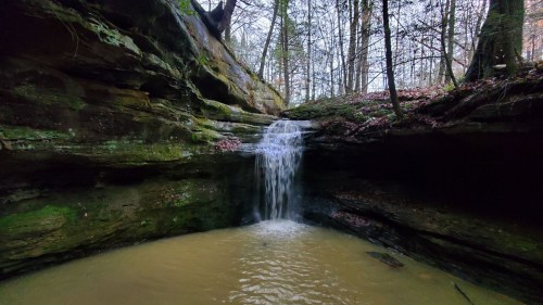 A serene waterfall cascading into a calm pool, surrounded by moss-covered rocks and lush forest.