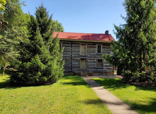 A rustic log cabin with a red roof, surrounded by green trees and grass, under a clear blue sky.