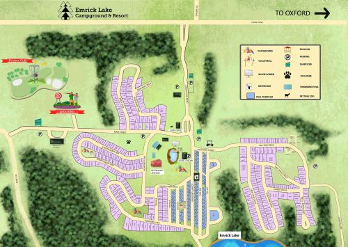 Map of Emrick Lake Campground & Resort, showing amenities, roads, and layout of the campground.