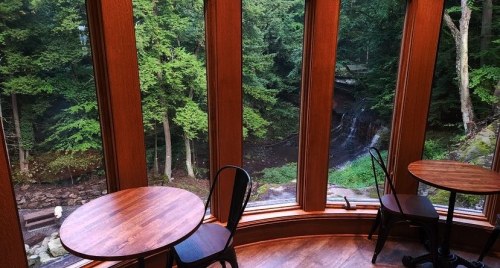 Cozy café interior with wooden tables and large windows overlooking a lush forest and a small stream.