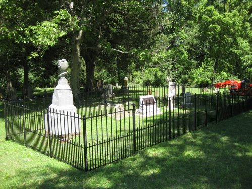 A fenced cemetery with various gravestones surrounded by lush green trees and grass.
