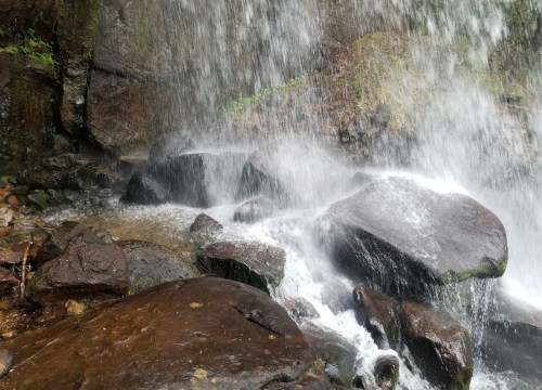 A cascading waterfall flows over large rocks, creating a misty atmosphere in a lush, green environment.