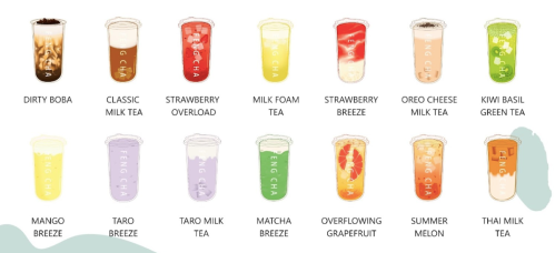 A grid of colorful drinks, including boba, milk teas, and fruit flavors, each in clear cups with labels.