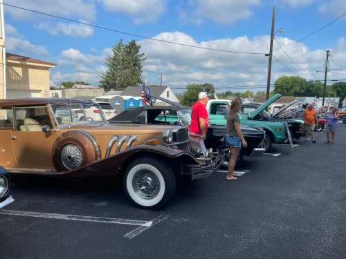 A car show featuring vintage vehicles, with attendees admiring the cars under a partly cloudy sky.