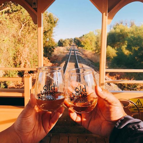 Two hands clink glasses of wine on a train, with a scenic view of railway tracks and greenery in the background.