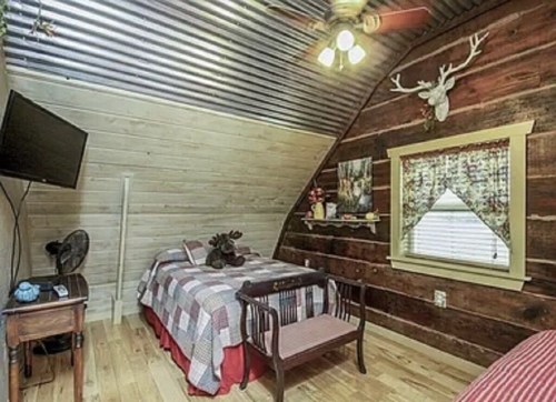 Cozy bedroom with wooden walls, a plaid bedspread, a TV, and rustic decor including antlers and a fan.