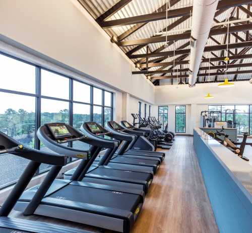 Modern gym interior featuring multiple treadmills, large windows, and a high ceiling with exposed beams.