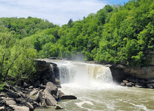 A waterfall cascades over rocky cliffs, surrounded by lush green trees under a clear blue sky.