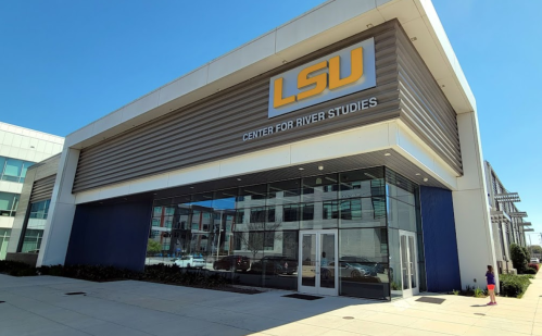 Exterior of the LSU Center for River Studies, featuring a modern design and clear blue sky.