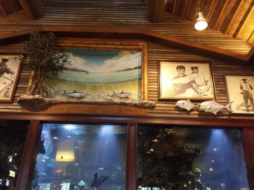 A wooden wall featuring framed photos, a landscape painting, and mounted fish decorations in a restaurant setting.