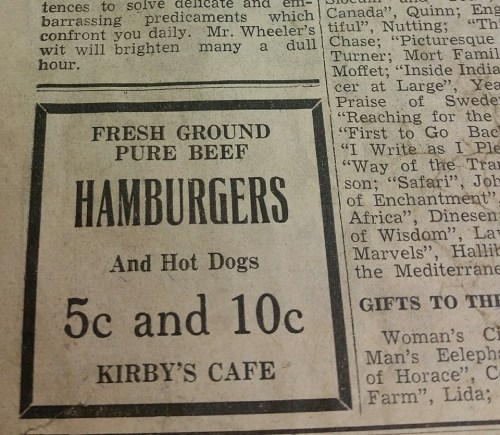 Vintage advertisement for Kirby's Cafe featuring fresh ground beef hamburgers and hot dogs priced at 5 and 10 cents.