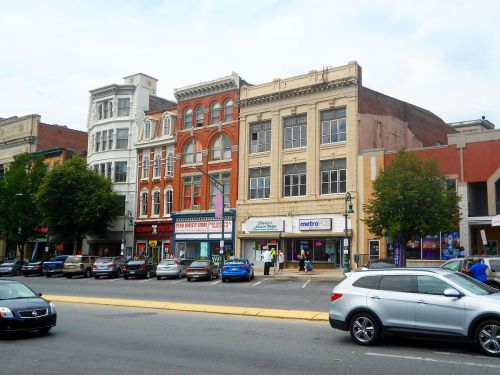 A street view of historic buildings with shops, trees, and parked cars in a bustling urban area.