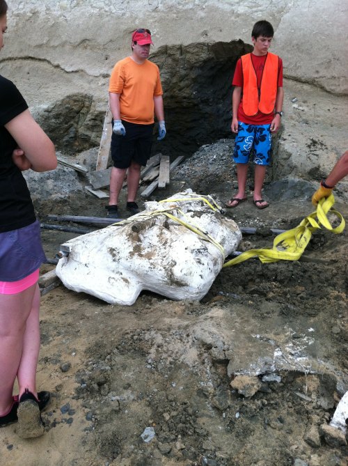A group of people stands near a large, white object on the ground, preparing to move it with yellow straps.