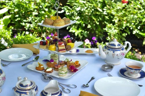 A beautifully arranged afternoon tea set with pastries, scones, and a teapot, surrounded by lush greenery.