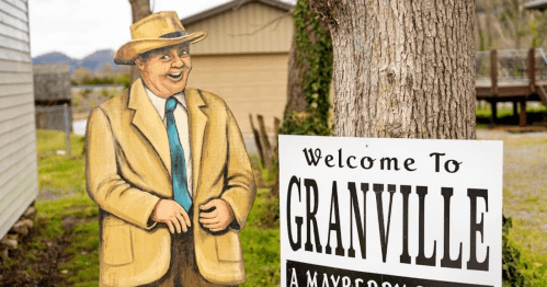 A wooden cutout of a man in a hat stands next to a sign welcoming visitors to Granville.