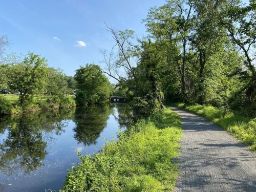 A serene pathway alongside a calm river, surrounded by lush greenery and trees under a clear blue sky.