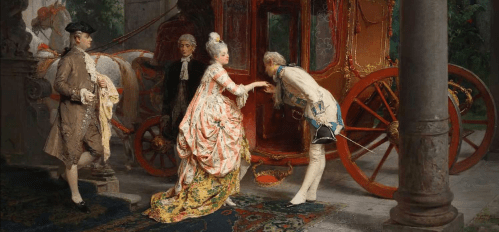 A woman in a lavish gown greets a man by a carriage, while two elegantly dressed figures observe in a grand setting.
