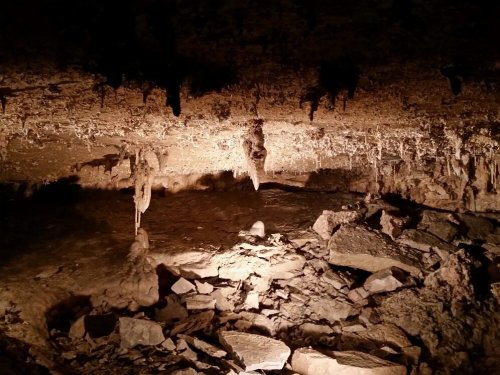 A dimly lit cave interior with stalactites hanging from the ceiling and rocky ground scattered with stones.