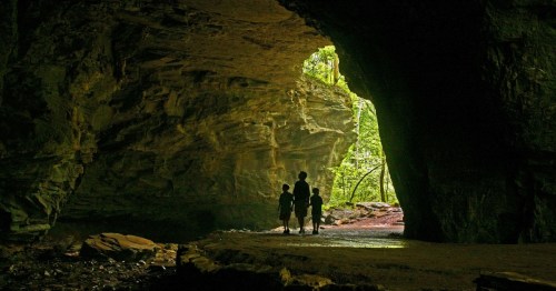 Silhouetted figures of three people walking through a cave entrance, with lush greenery visible outside.