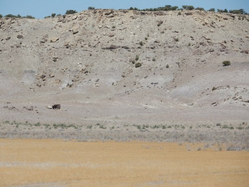A dry, rocky hillside with sparse vegetation and a golden grassy foreground under a clear blue sky.