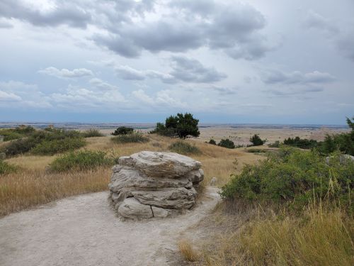 A rocky outcrop in a grassy landscape, with distant hills under a cloudy sky.