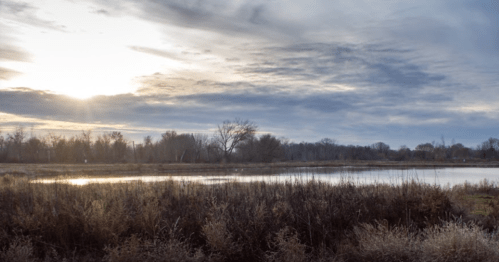 A serene landscape featuring a calm water body, trees, and a cloudy sky with sunlight peeking through.