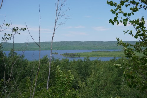 A serene landscape featuring a lake surrounded by lush greenery and distant hills under a clear blue sky.