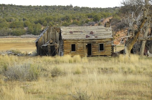 Abandoned wooden house in a grassy field, surrounded by sparse trees and hills in the background.