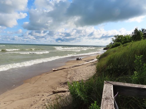 A sandy beach with waves, grassy dunes, and a cloudy sky, creating a serene coastal scene.