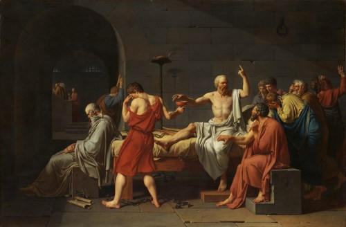 Socrates surrounded by followers in a dimly lit room, discussing his fate before drinking hemlock.