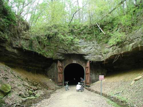 A dark tunnel entrance surrounded by greenery, with two cyclists near the opening on a dirt path.