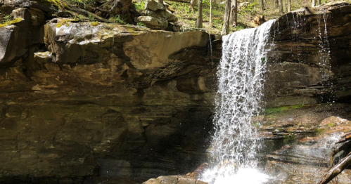 A serene waterfall cascading over rocky cliffs, surrounded by lush greenery and trees.