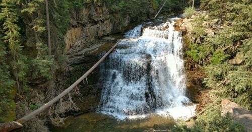 A serene waterfall cascades over rocks, surrounded by lush green trees and a peaceful forest setting.