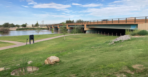A grassy park area with a pathway leading to a bridge over a river, under a clear blue sky.