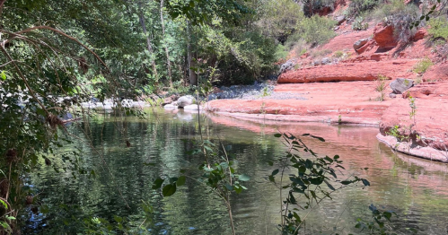 A serene riverbank scene with lush greenery and red rock formations reflecting in calm water.