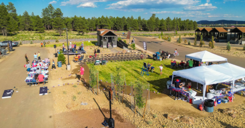 Aerial view of a community event with tents, tables, and people enjoying activities in a scenic outdoor setting.