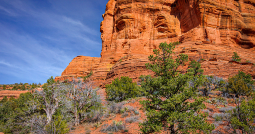 Red rock formations rise against a blue sky, surrounded by sparse vegetation and trees in a desert landscape.