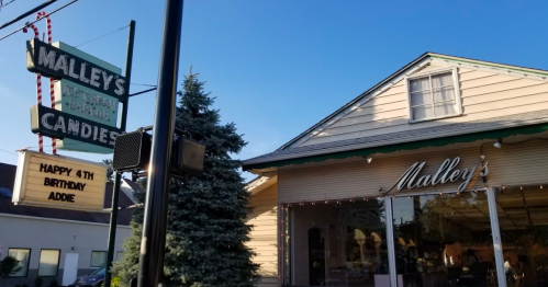 A charming ice cream parlor and candy shop with a sign celebrating a child's 4th birthday.