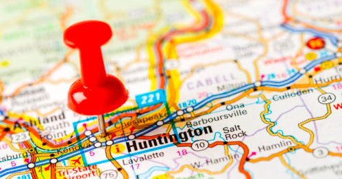 A close-up of a map showing Huntington, marked with a red pushpin.