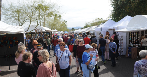 A bustling outdoor market with numerous tents, filled with people browsing and shopping among various stalls.
