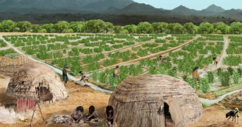 A prehistoric scene depicting people farming in fields with huts and mountains in the background.
