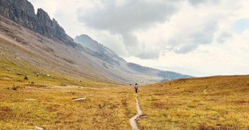 A hiker walks along a narrow trail through a grassy valley, surrounded by mountains under a cloudy sky.