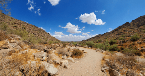 A panoramic view of a desert trail between rocky hills under a bright blue sky with fluffy white clouds.